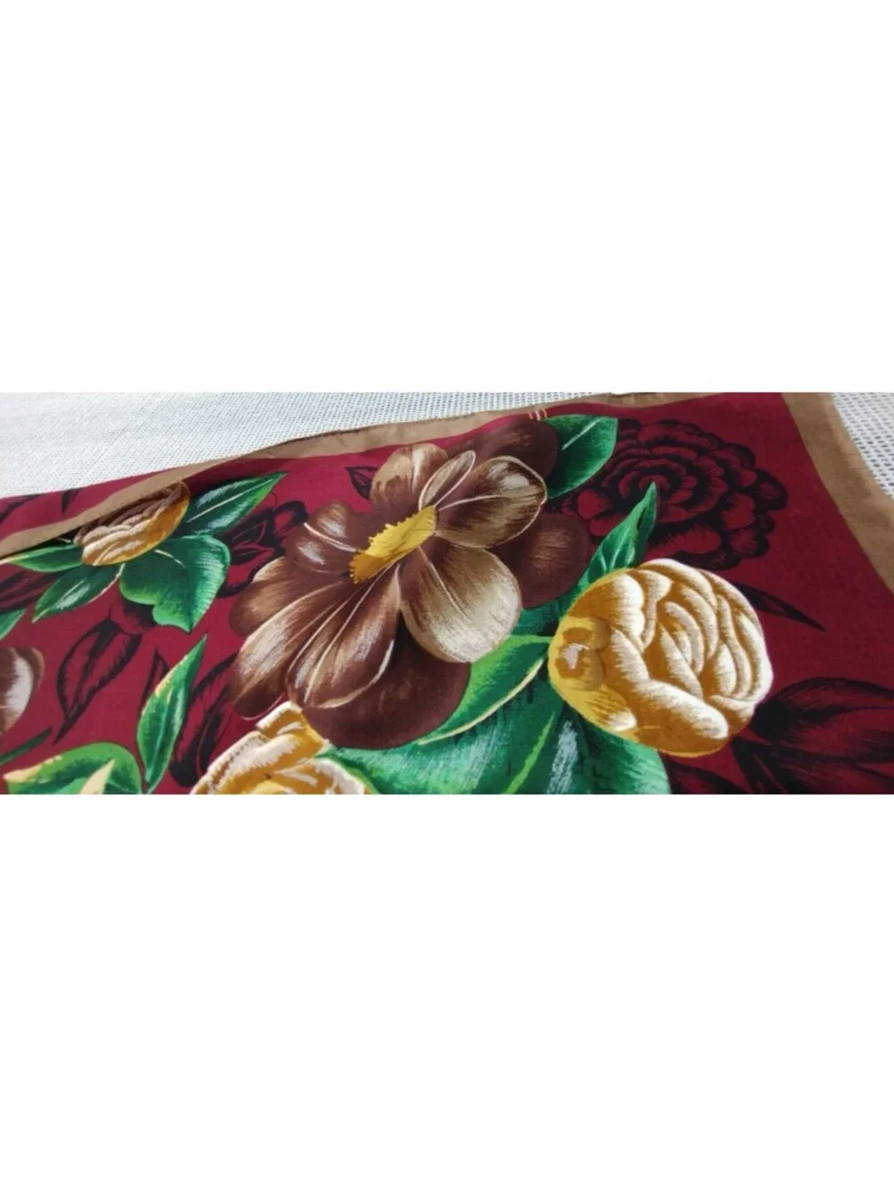 Oscar De La Renta Brown Gold All Silk Long Scarf Roses Bohemian Victorian Style